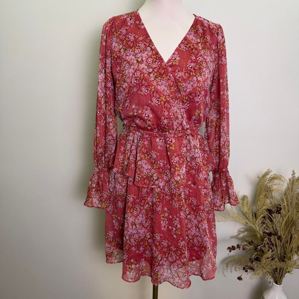 LC Lauren Conrad Floral Metallic Thread Tiered Mini Dress Long Sleeve Medium